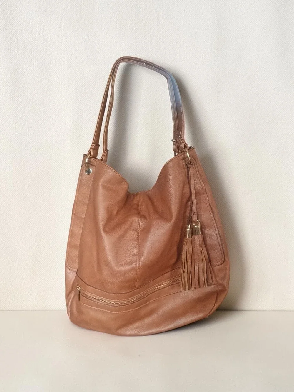 Classic Tan Faux Leather Hobo Bag with Tassel